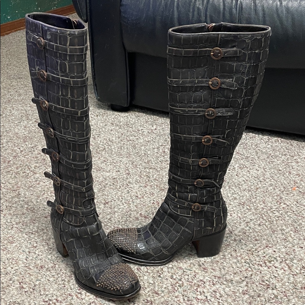 Rocco P multi buckle strap and studded toe Crocodile Knee-High heeled Boots